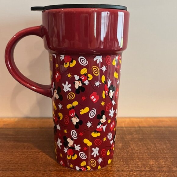 The Disney Store 12oz Mickey Mouse All Over Maroon Travel Mug Cup with Lid - Picture 4 of 8